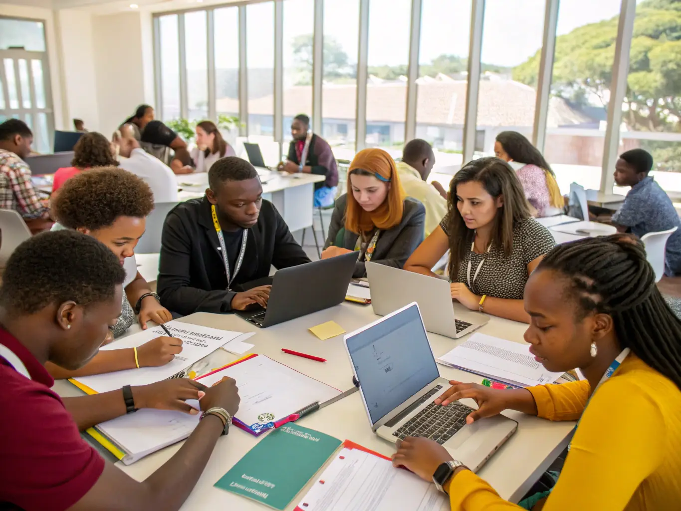 A professional coaching session with a diverse group of leaders engaged in a workshop, representing TESCA Elements' talent and leadership management service.