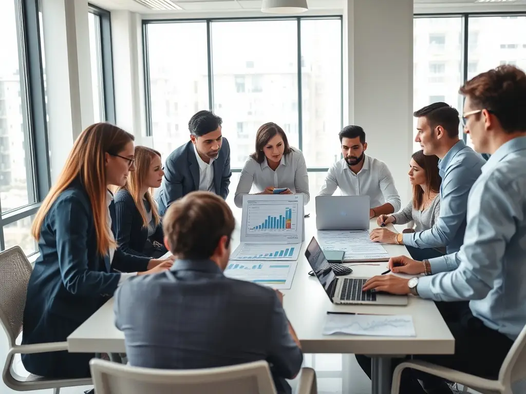 A visual representation of strategic management principles being applied within a corporate setting, showing a team collaborating to optimize business processes and achieve strategic objectives.