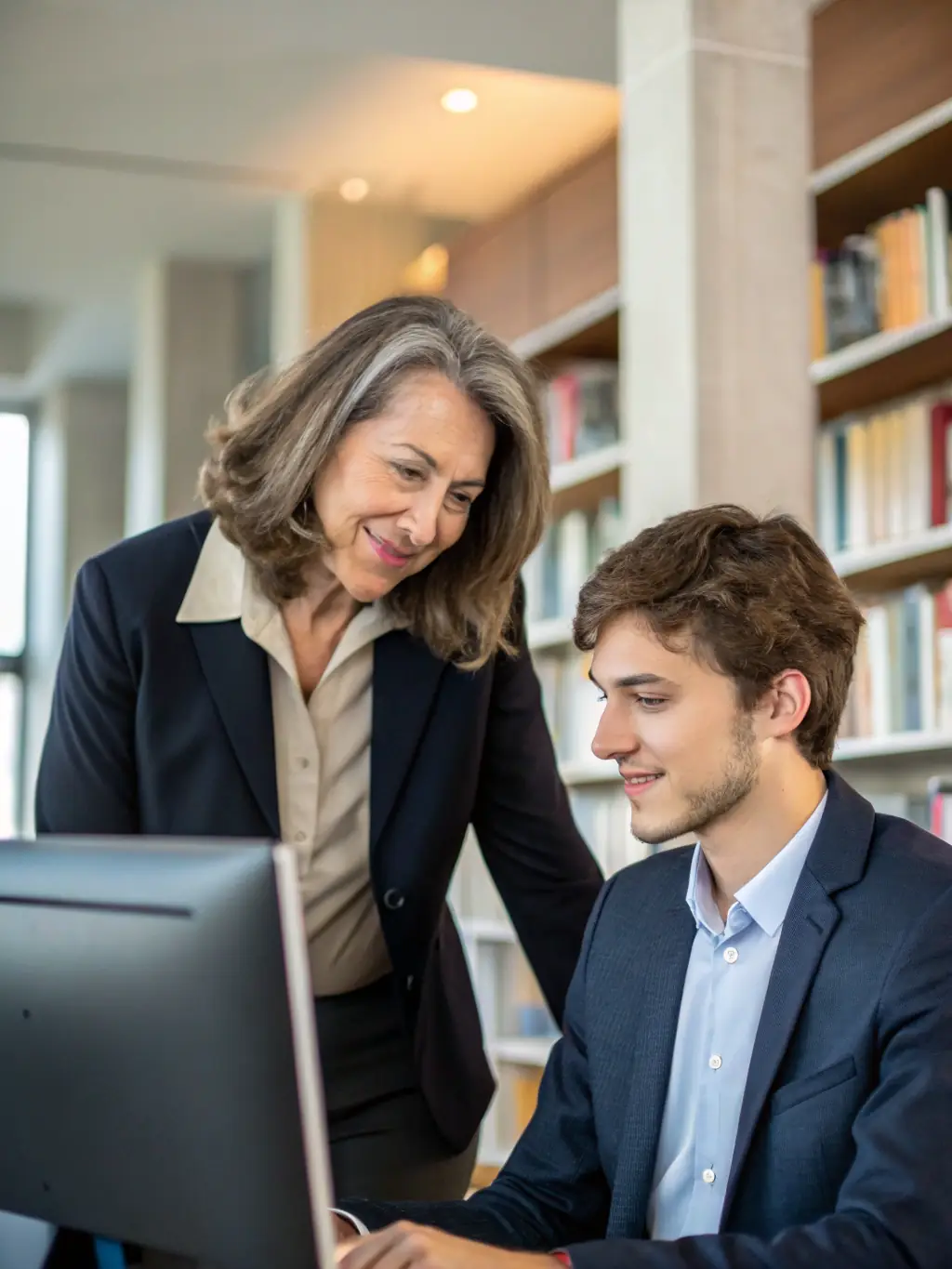 An image of a leader mentoring a younger employee, representing talent development and leadership management within a corporate environment.