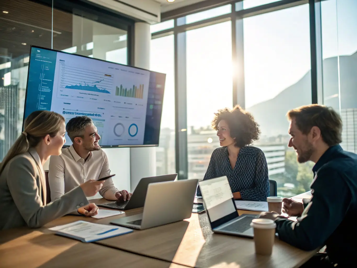 An image of a team collaborating around a strategy table with digital overlays representing transformation, symbolizing TESCA Elements' organizational transformation service.