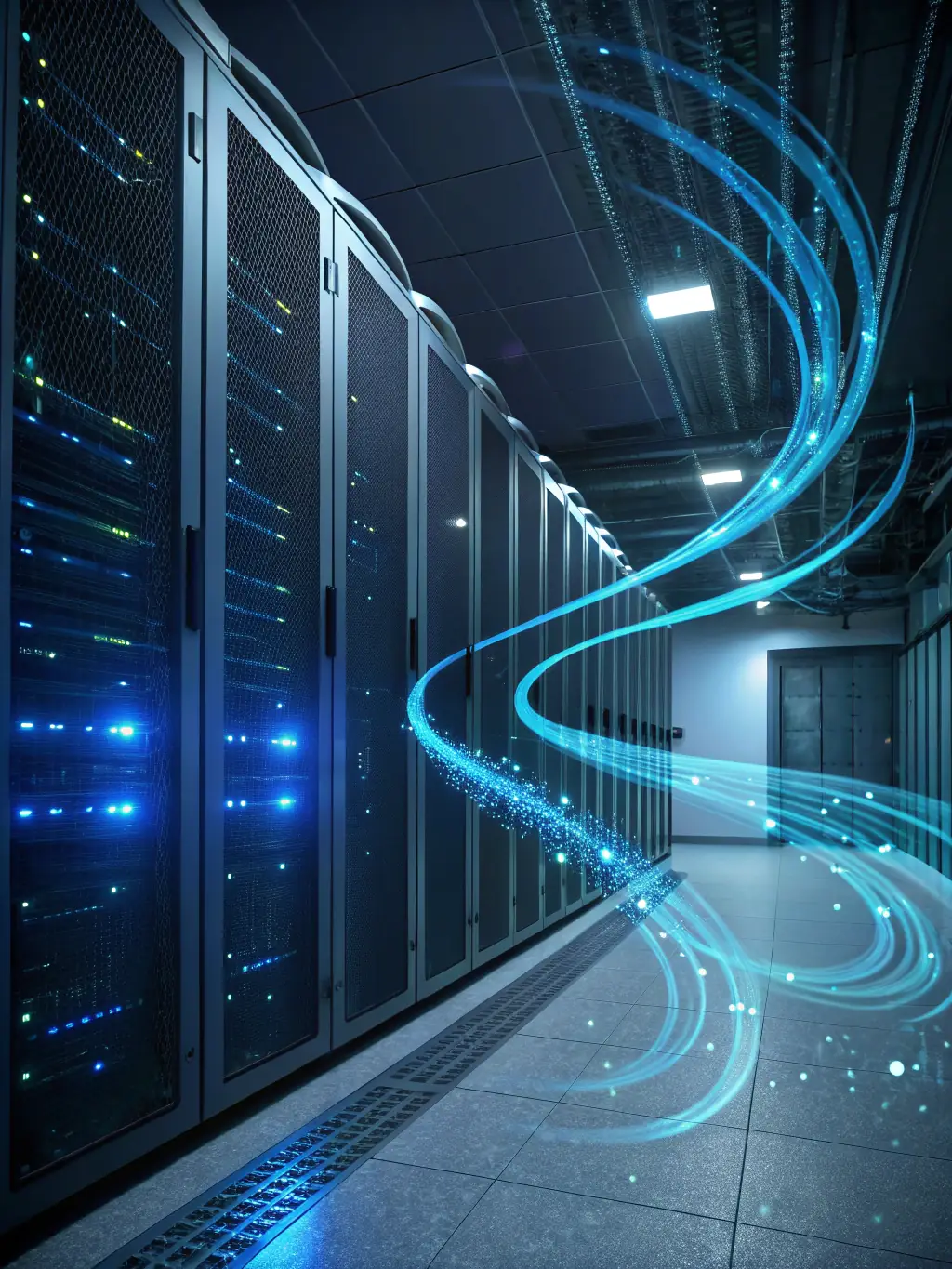 A visual representation of data streams converging into a central processing unit, illustrating technological integration and AI.